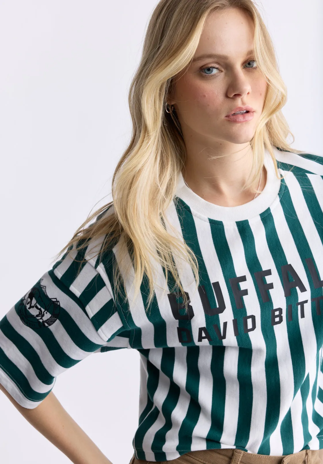 Kenza Women's Cropped Stripped T-Shirt, White & Green - KT0146F