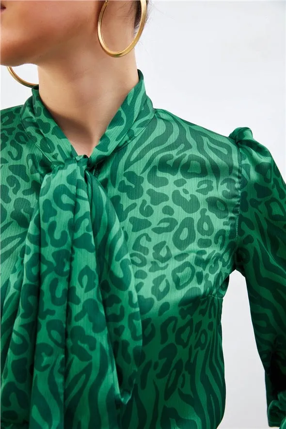 Leopard Patterned Shirt with Scarf- Green