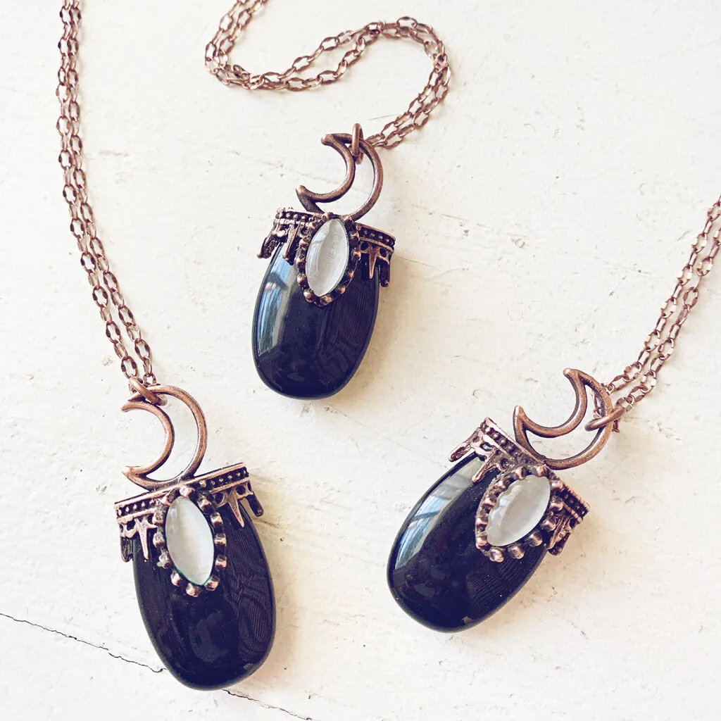 lux ex tenebris // copper electroformed opalite or black agate and crescent moon necklace