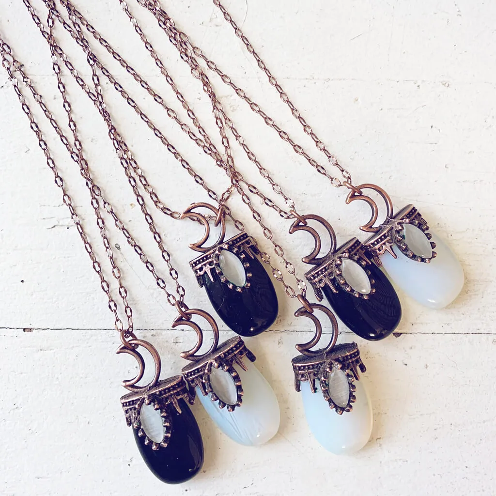 lux ex tenebris // copper electroformed opalite or black agate and crescent moon necklace