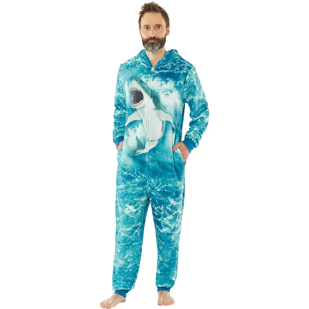 Mens Blue Digital Shark Onesie