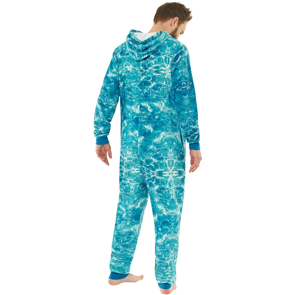 Mens Blue Digital Shark Onesie