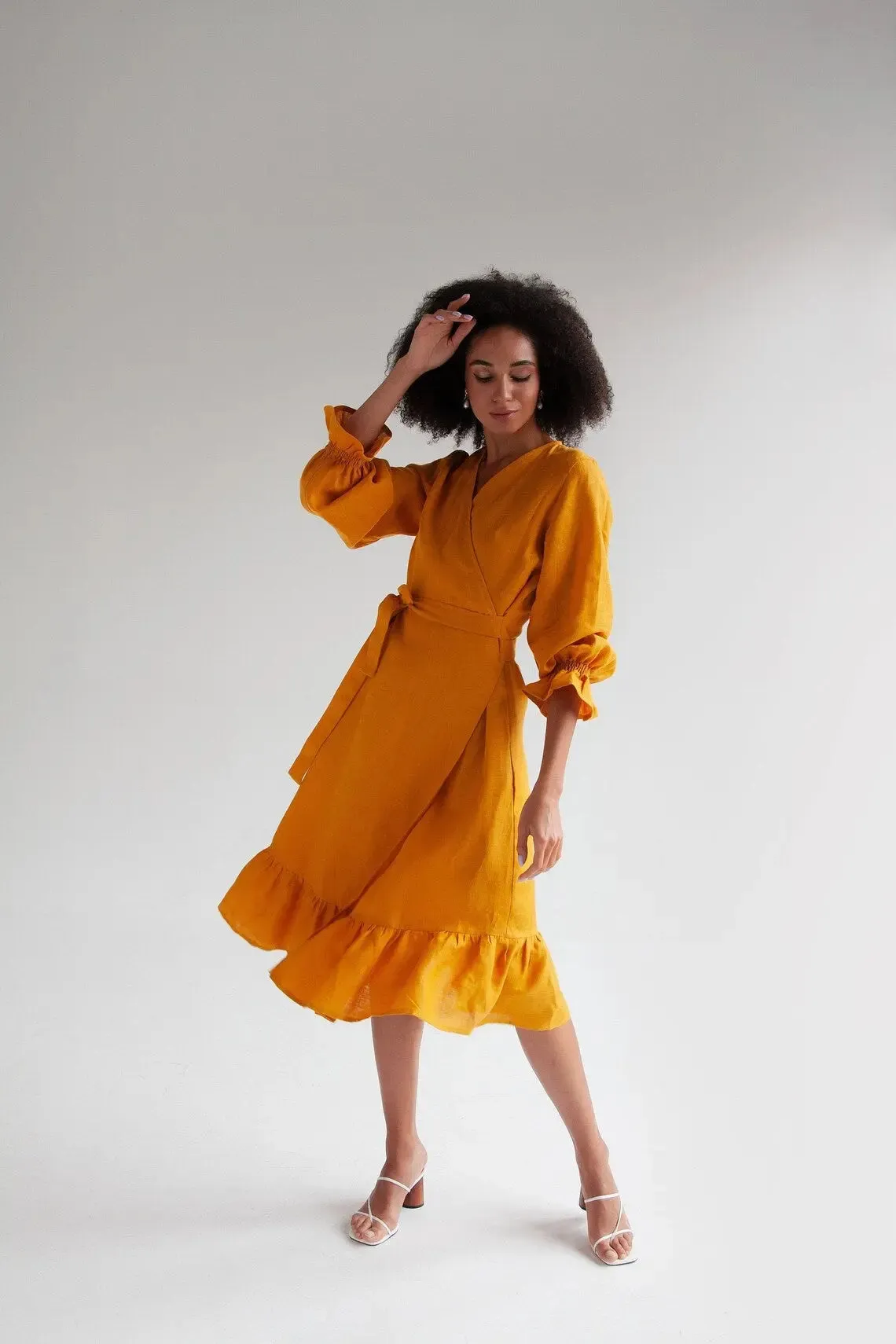 Mustard Lisa Linen Midi Dress