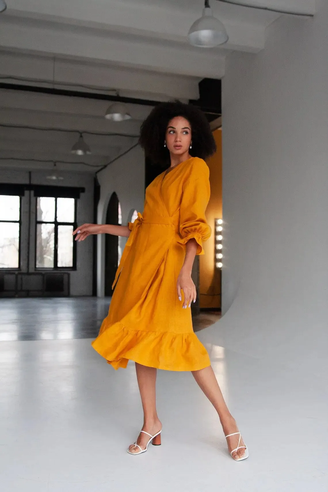 Mustard Lisa Linen Midi Dress