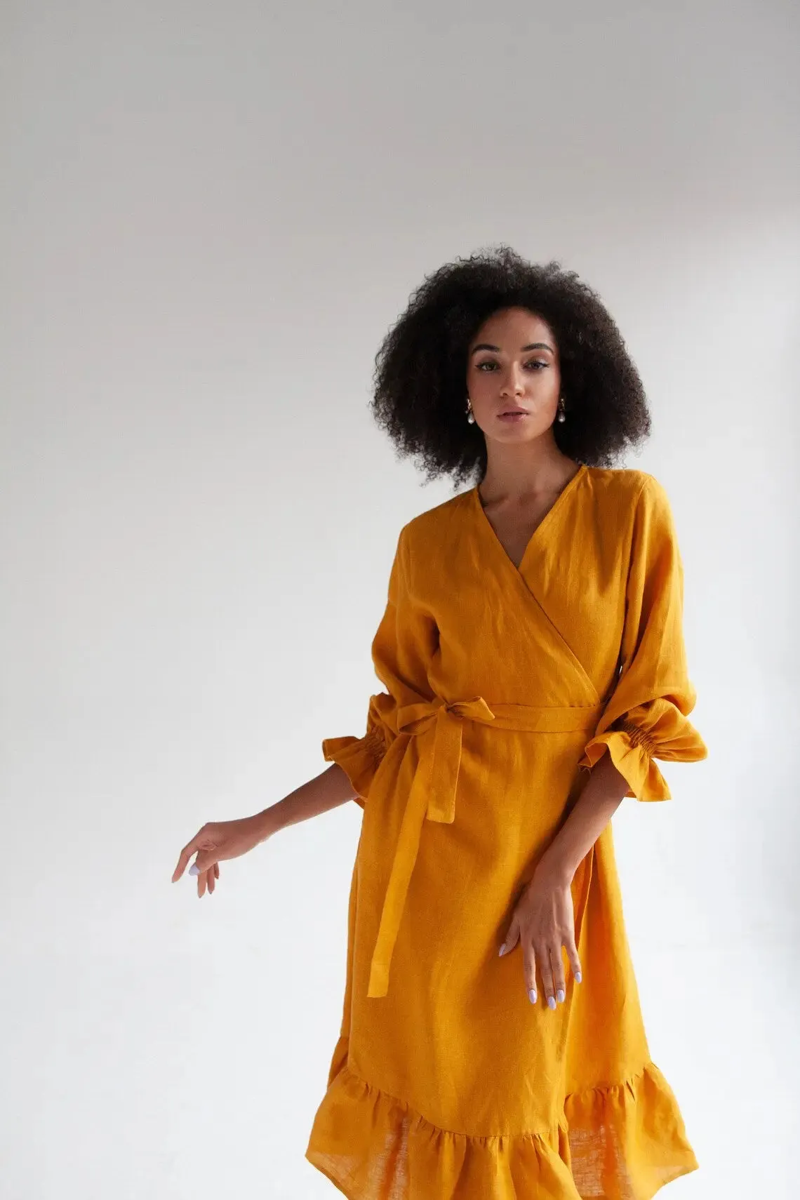 Mustard Lisa Linen Midi Dress