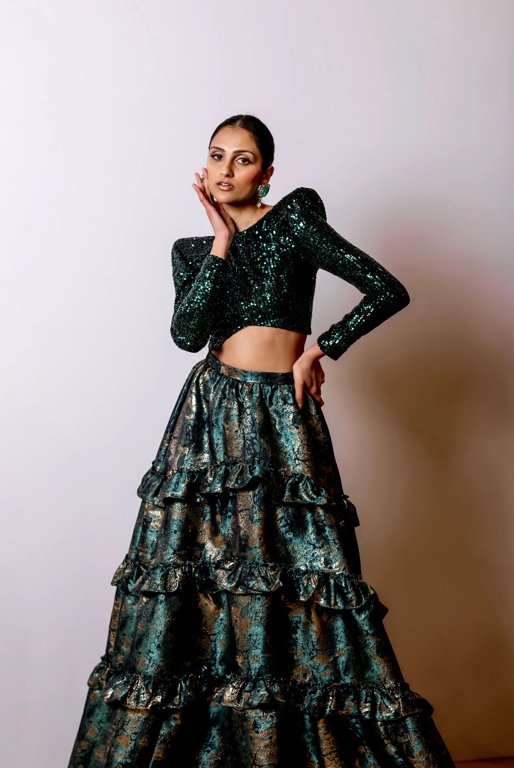 NAARA Green and Gold Ruffle Lehenga Skirt