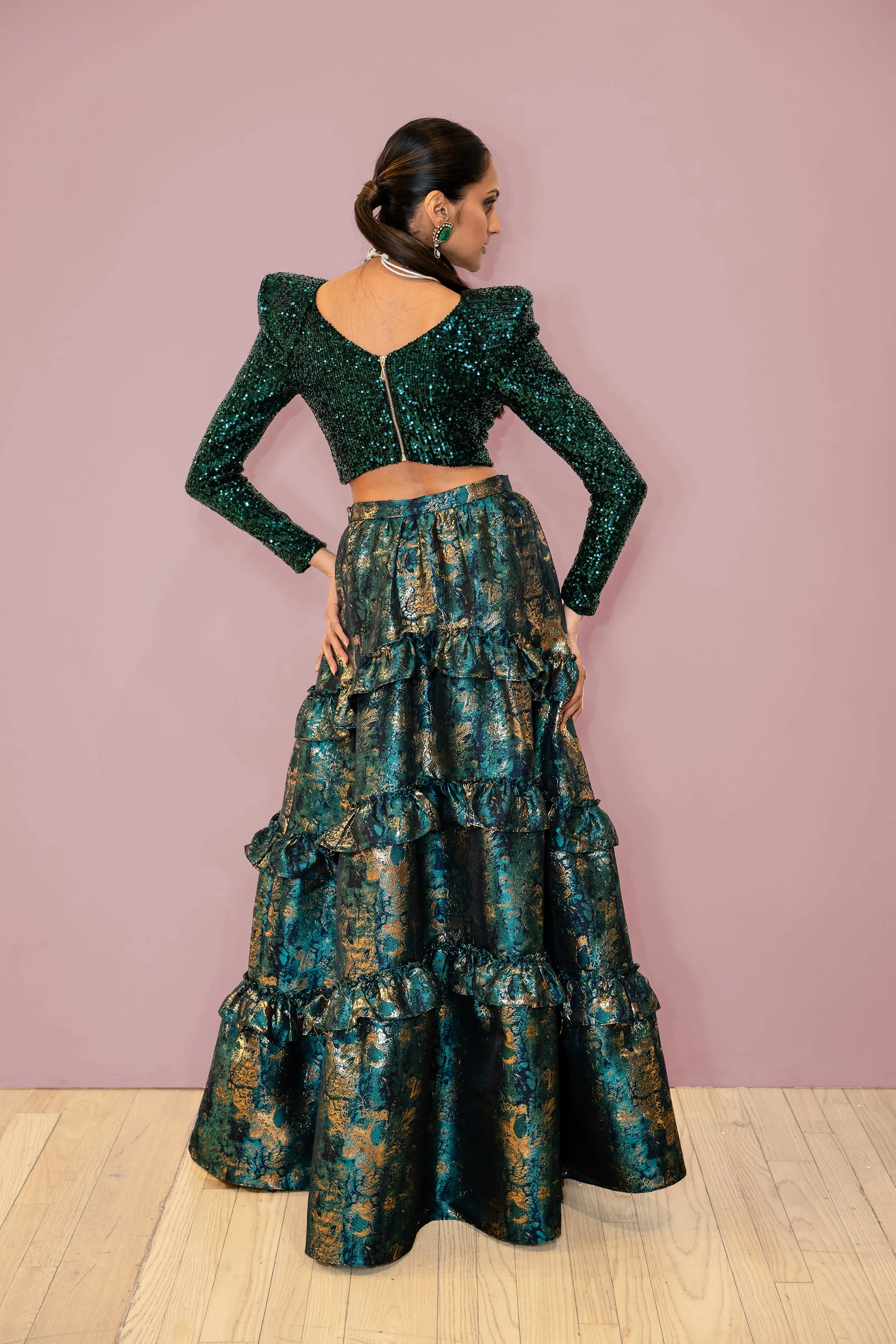 NAARA Green and Gold Ruffle Lehenga Skirt