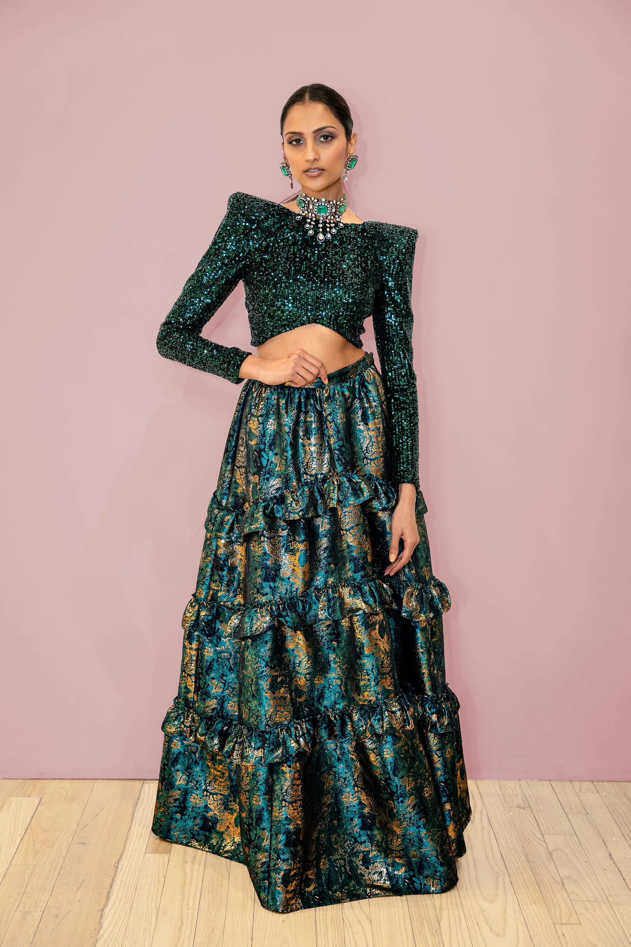 NAARA Green and Gold Ruffle Lehenga Skirt