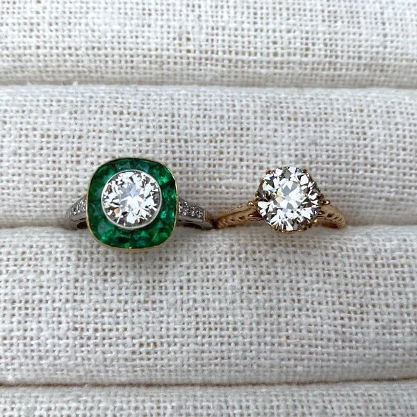 Old European Cut Diamond & Emerald Engagement Ring, 1.41ct.