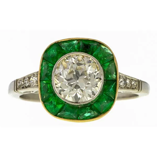 Old European Cut Diamond & Emerald Engagement Ring, 1.41ct.