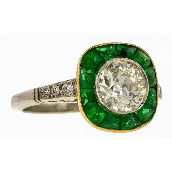 Old European Cut Diamond & Emerald Engagement Ring, 1.41ct.