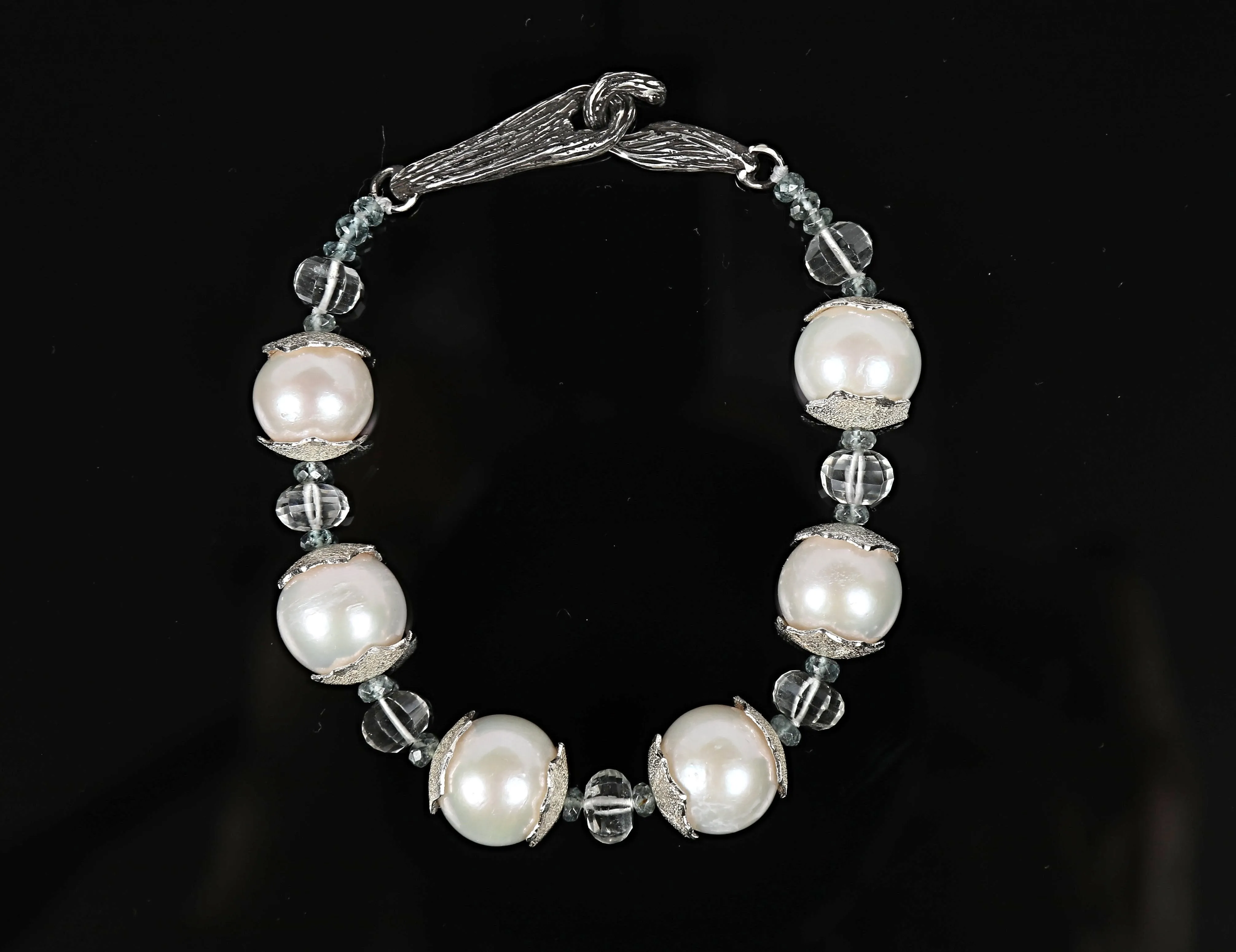 Pearl, Prasiolite, Apatite, and Silver Bracelet