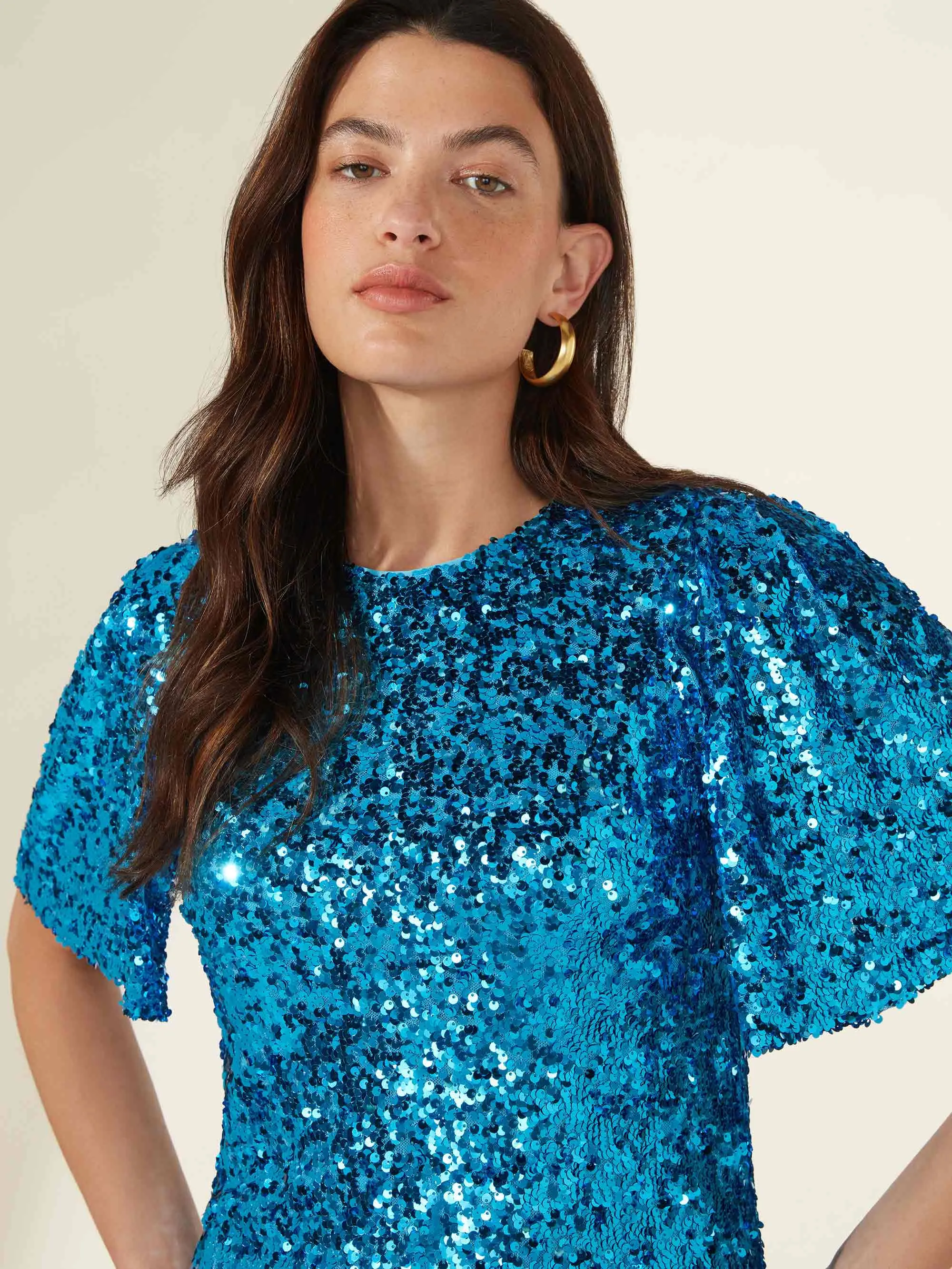 Petite Blue Flutter Sleeve Sequin Dress