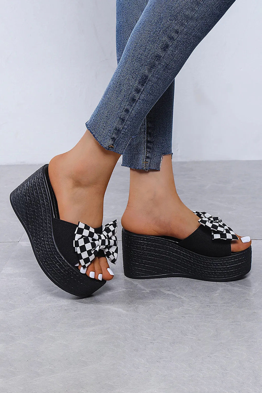 Plaid Bowknot Platform Sandals Women Casual Summer Open Toe Wedges Sandals