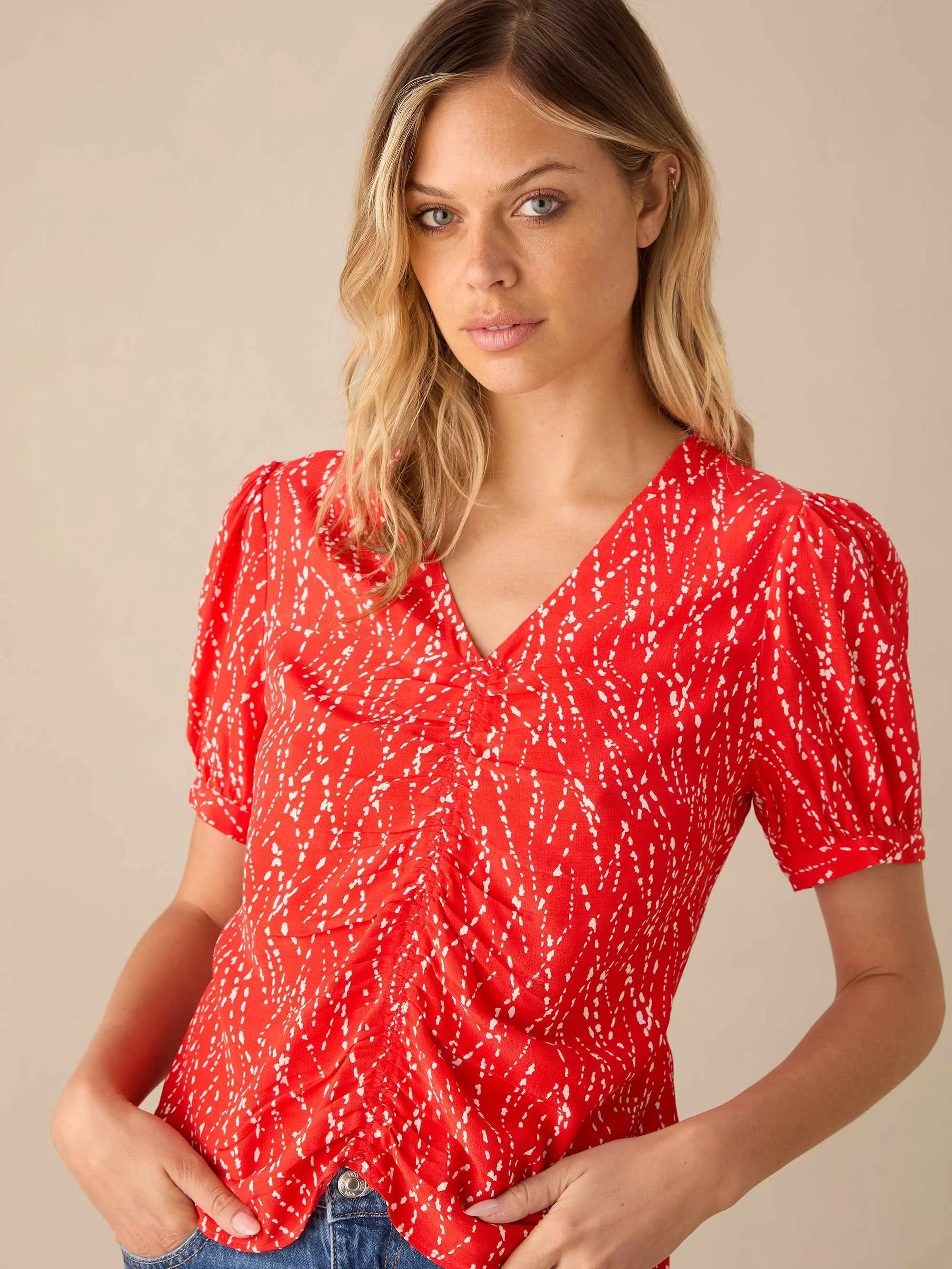 Red Dash Print Ruched Front Top