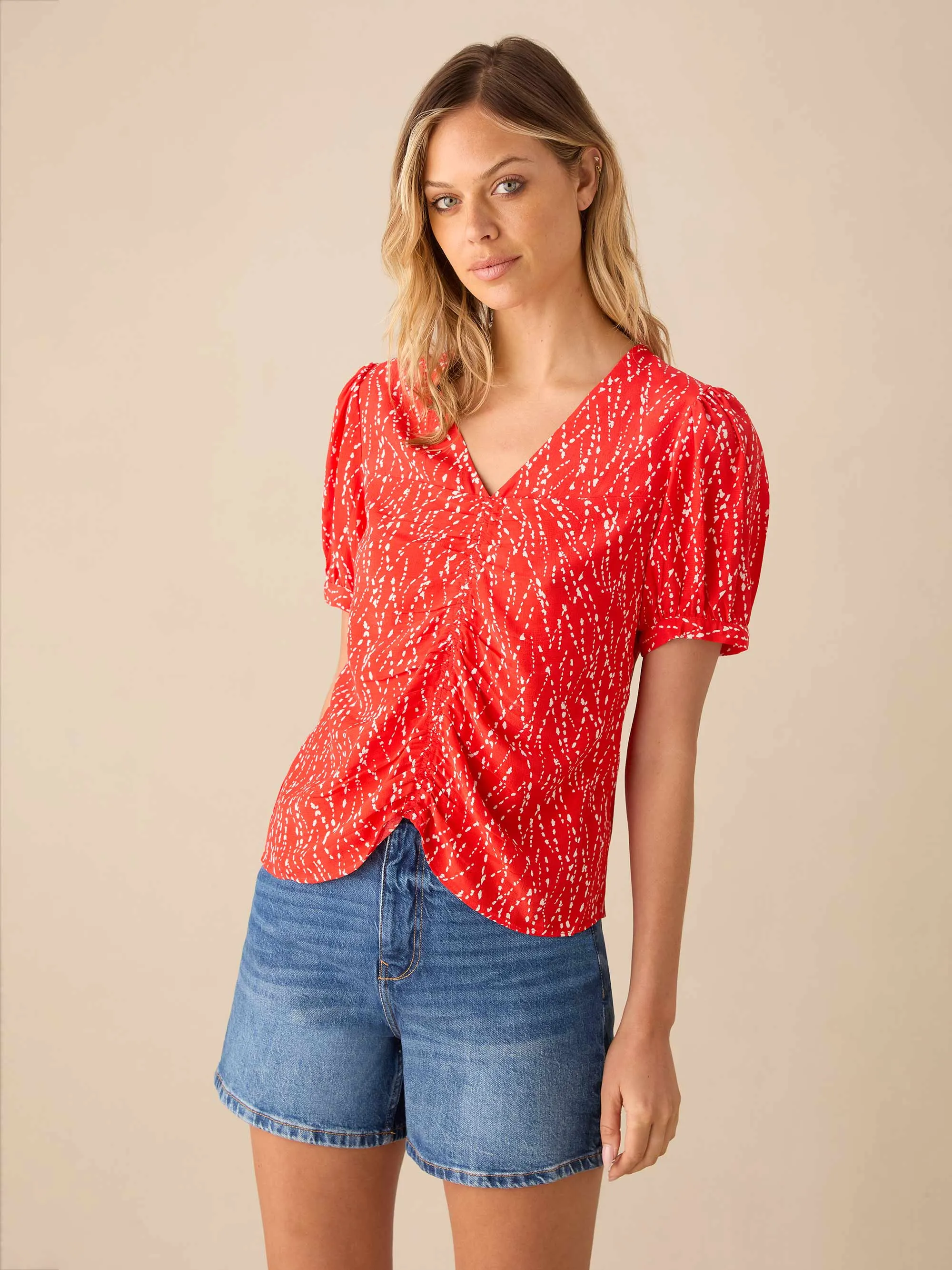 Red Dash Print Ruched Front Top