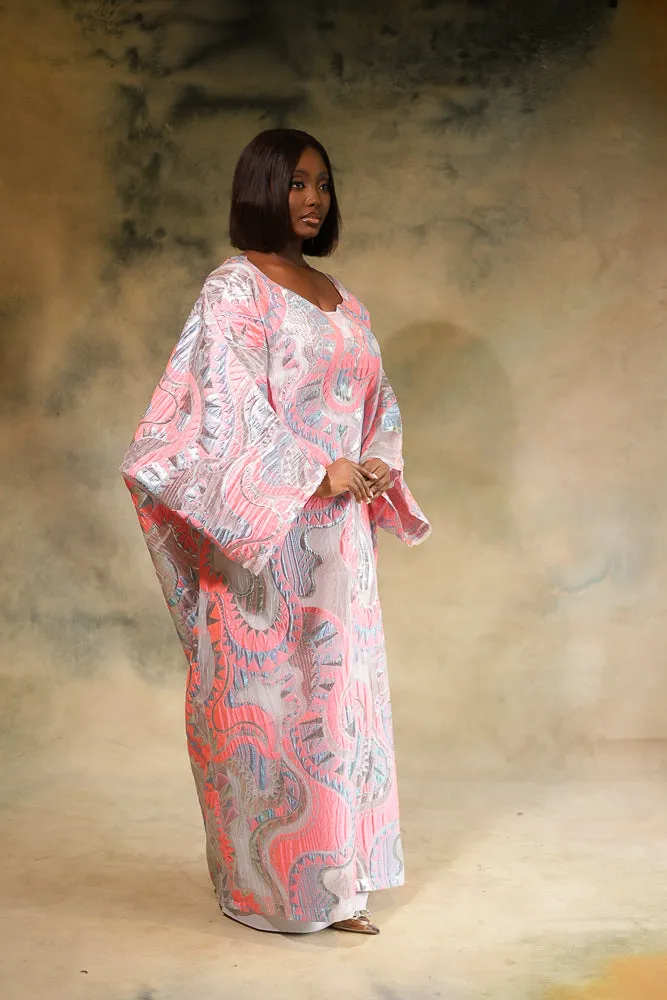 SARI REGAL KAFTAN - BRIGHT CORAL, SILVER, GRAY, & LIGHT BLUE