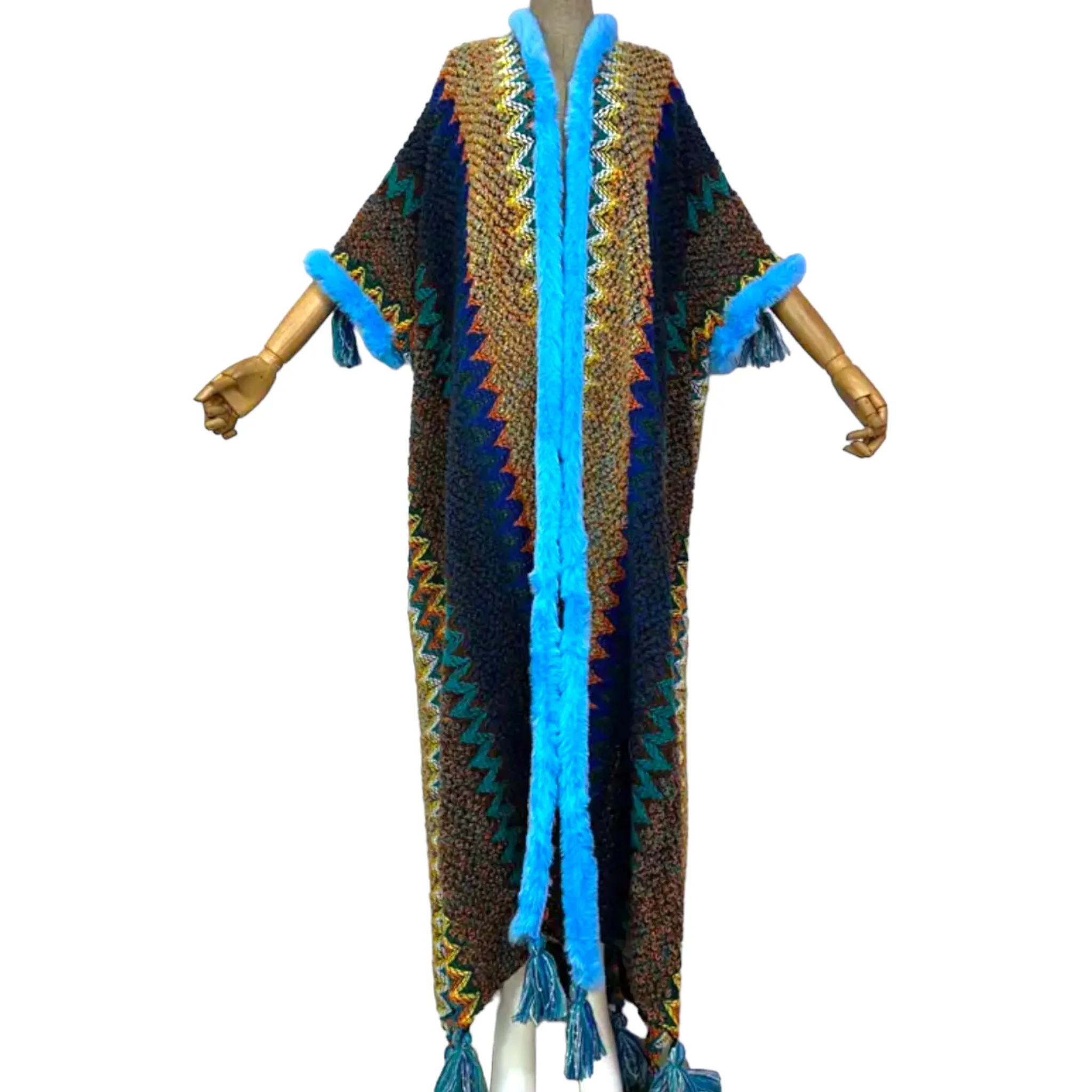 Woman Bohemian Blue Tassel Knitted Maxi Cardigan