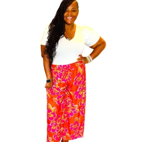 Women’s Plus Orange Floral Print Wide Leg Pants