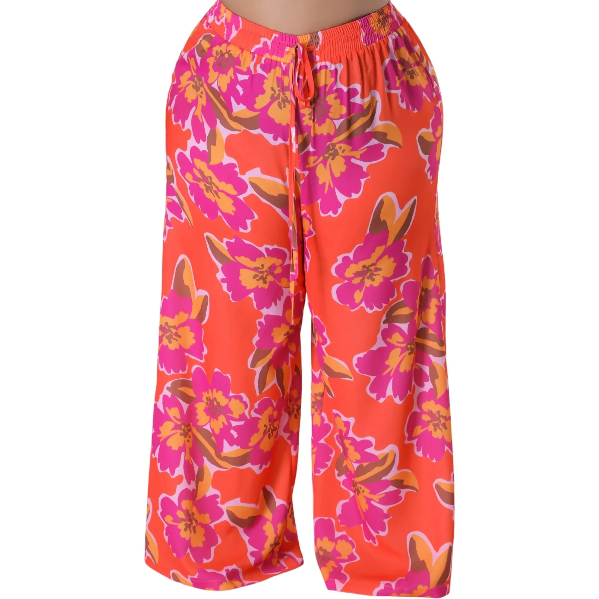 Women’s Plus Orange Floral Print Wide Leg Pants