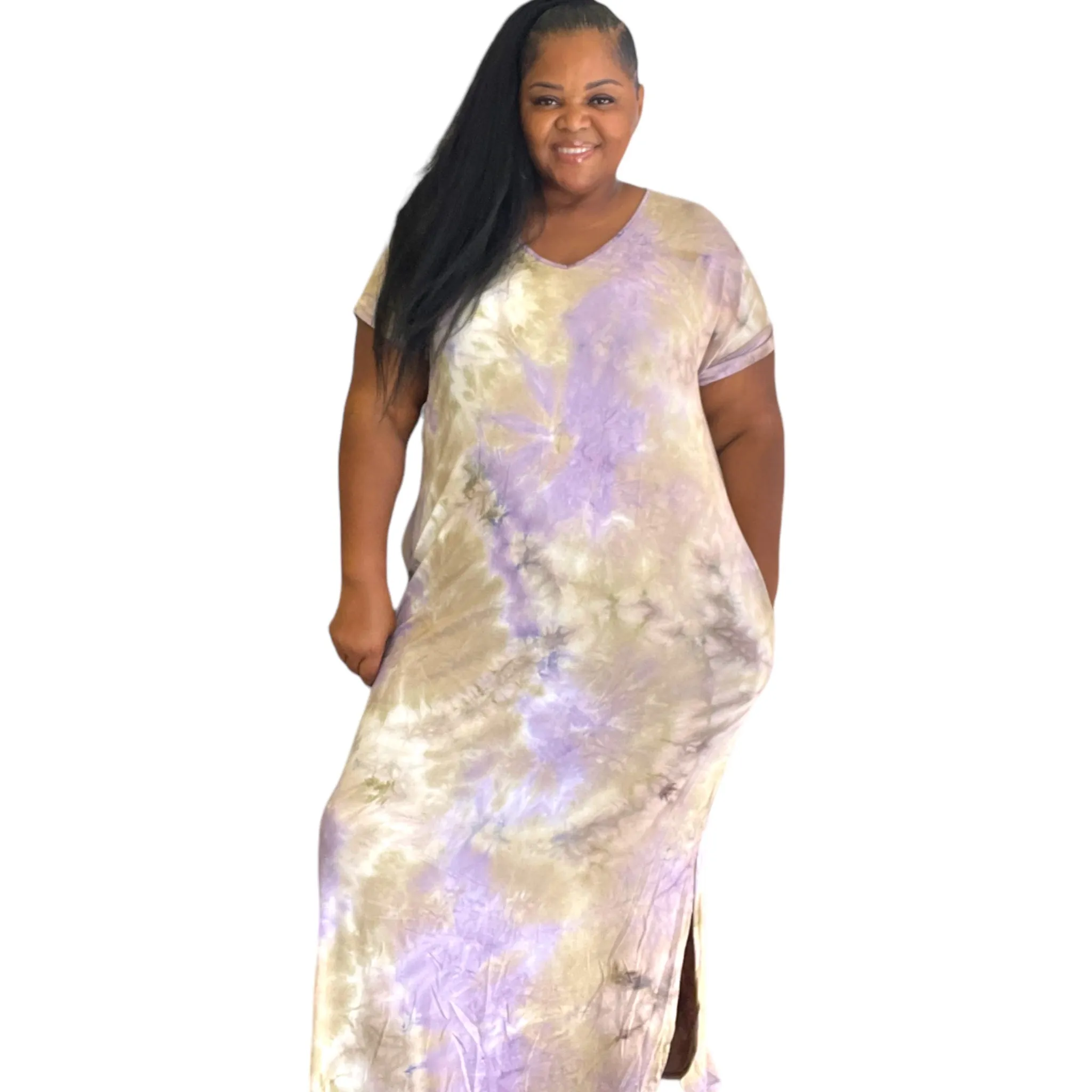 Women's Plus Size Lavender Tie Dye Tunic Maxi Dress