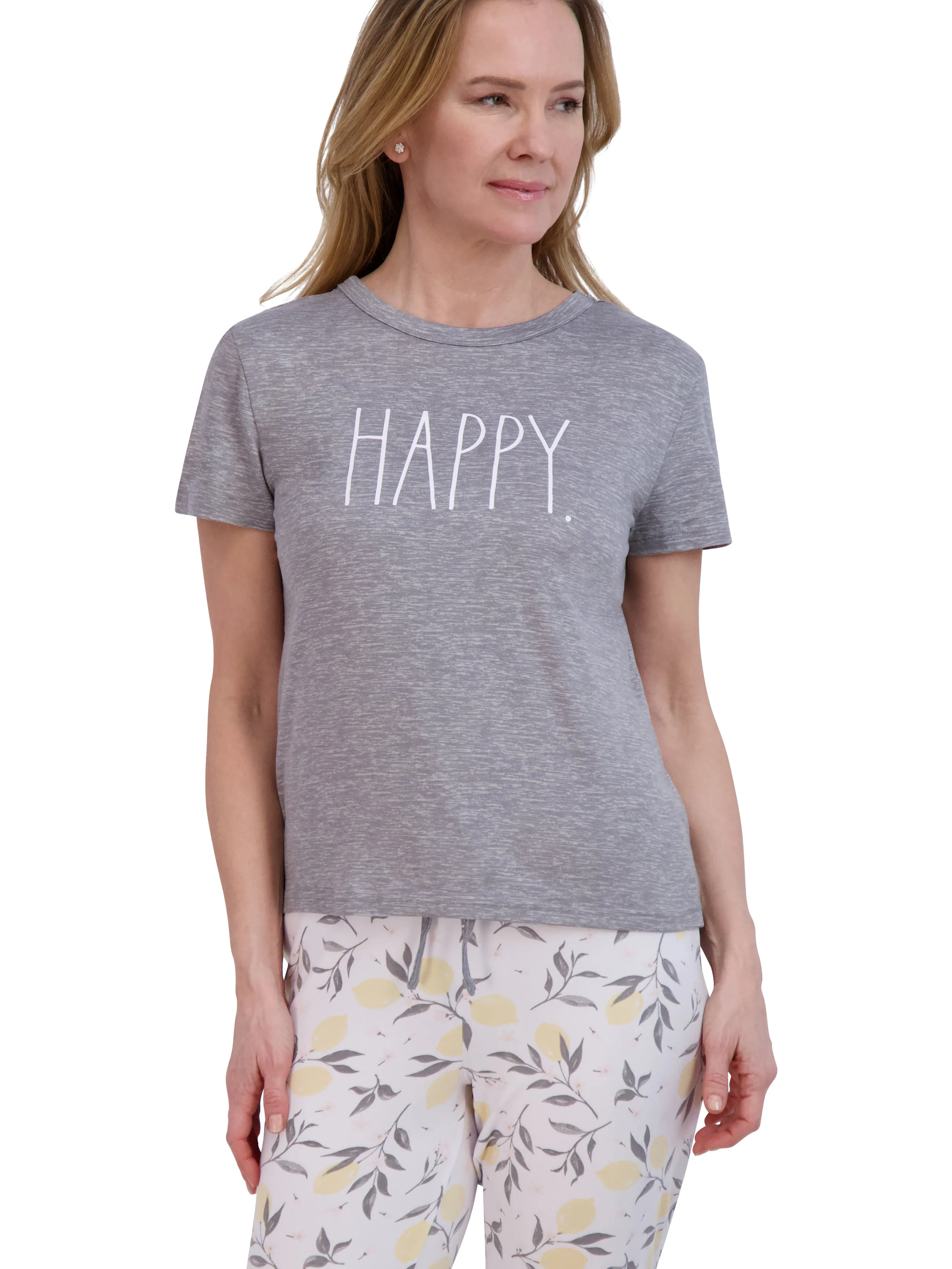 Women's "HAPPY" Short Sleeve Boxy Top and Drawstring Lemon Print Joggers Pajama Set