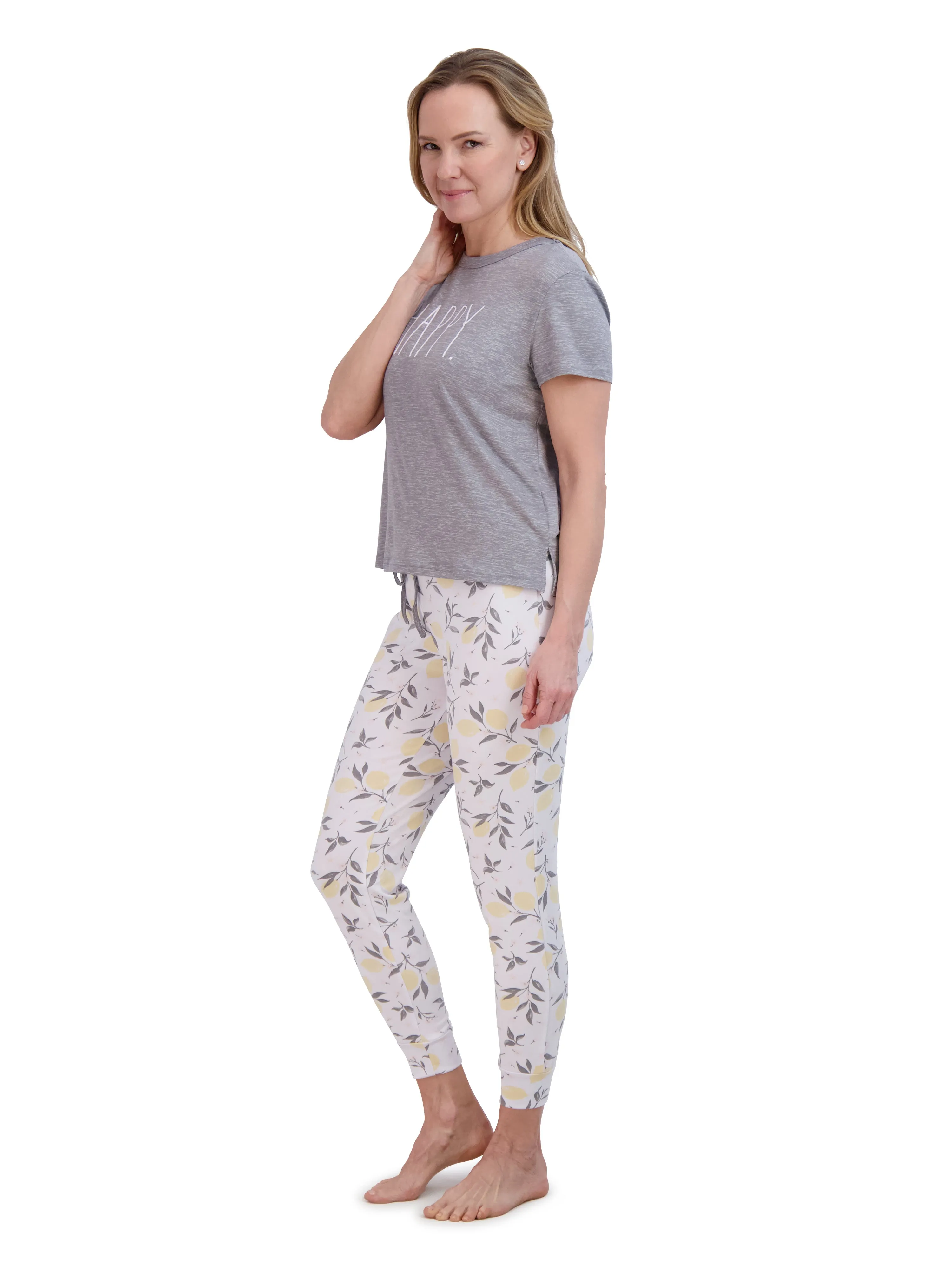 Women's "HAPPY" Short Sleeve Boxy Top and Drawstring Lemon Print Joggers Pajama Set