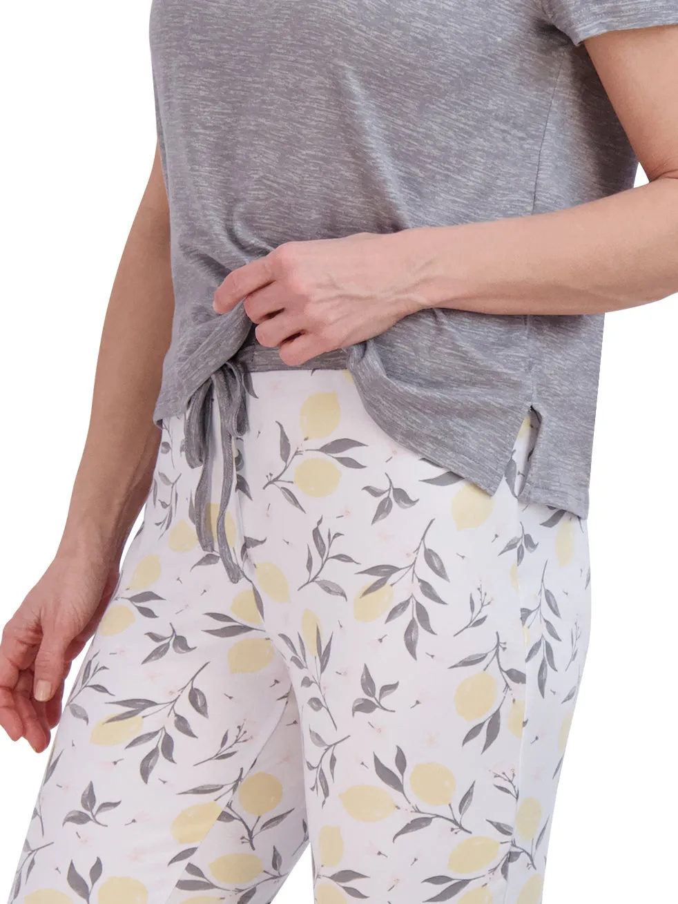 Women's "HAPPY" Short Sleeve Boxy Top and Drawstring Lemon Print Joggers Pajama Set